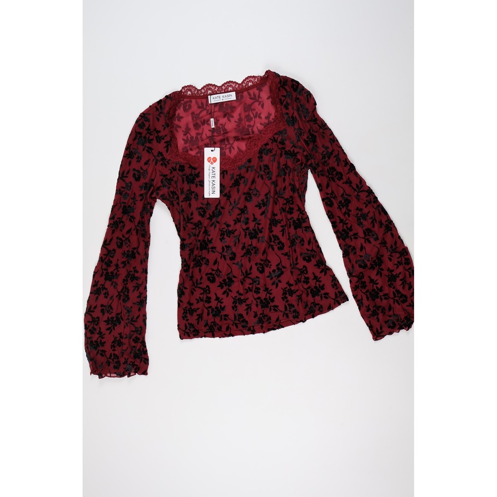 Kate Kasin Mesh Top Floral Velvet Burnout Burgundy Black Medium NWT